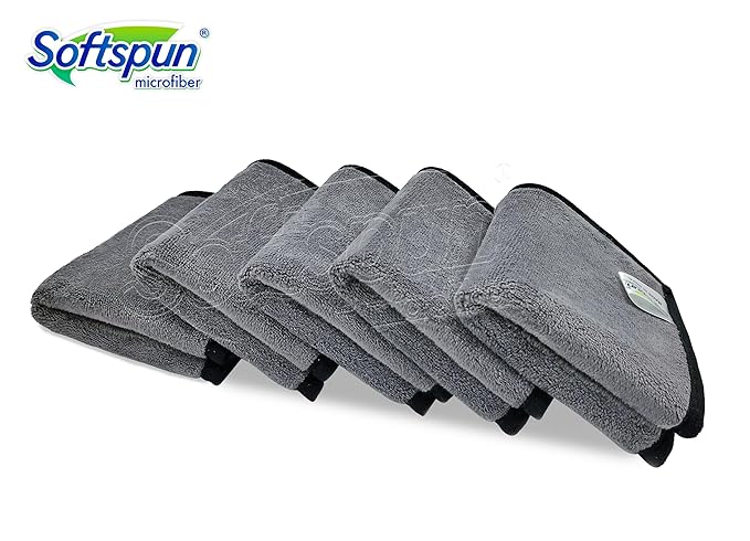 Set of five gray microfiber cloths with Softspun logo on a white background