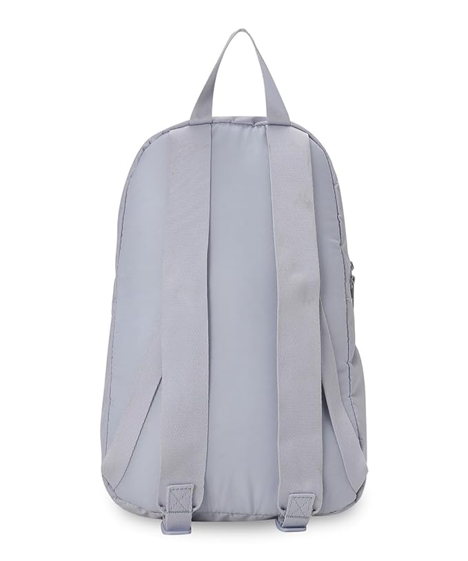 Gray backpack shown from the back on a white background