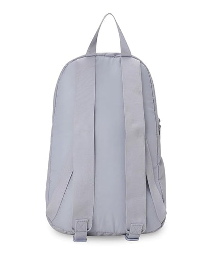 Gray backpack shown from the back on a white background
