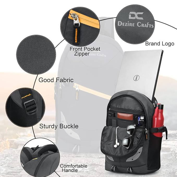 Black backpack with features highlighted, including front pocket zipper, brand logo, good fabric, sturdy buckle, and comfortable handle.