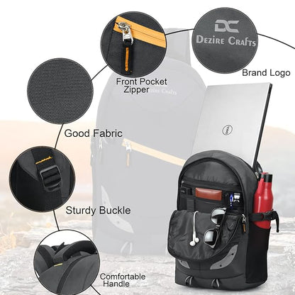 Black backpack with features highlighted, including front pocket zipper, brand logo, good fabric, sturdy buckle, and comfortable handle.