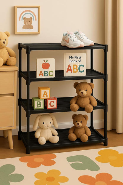 Black metal shelf with toys and children's items in a room setting