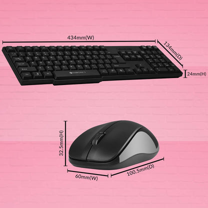 Black keyboard and mouse with measurements on a pink background