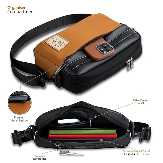 Black and brown waist bag with features highlighted on a white background