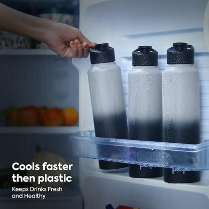 Person reaching for a water bottle in a refrigerator with text about faster cooling and freshness.