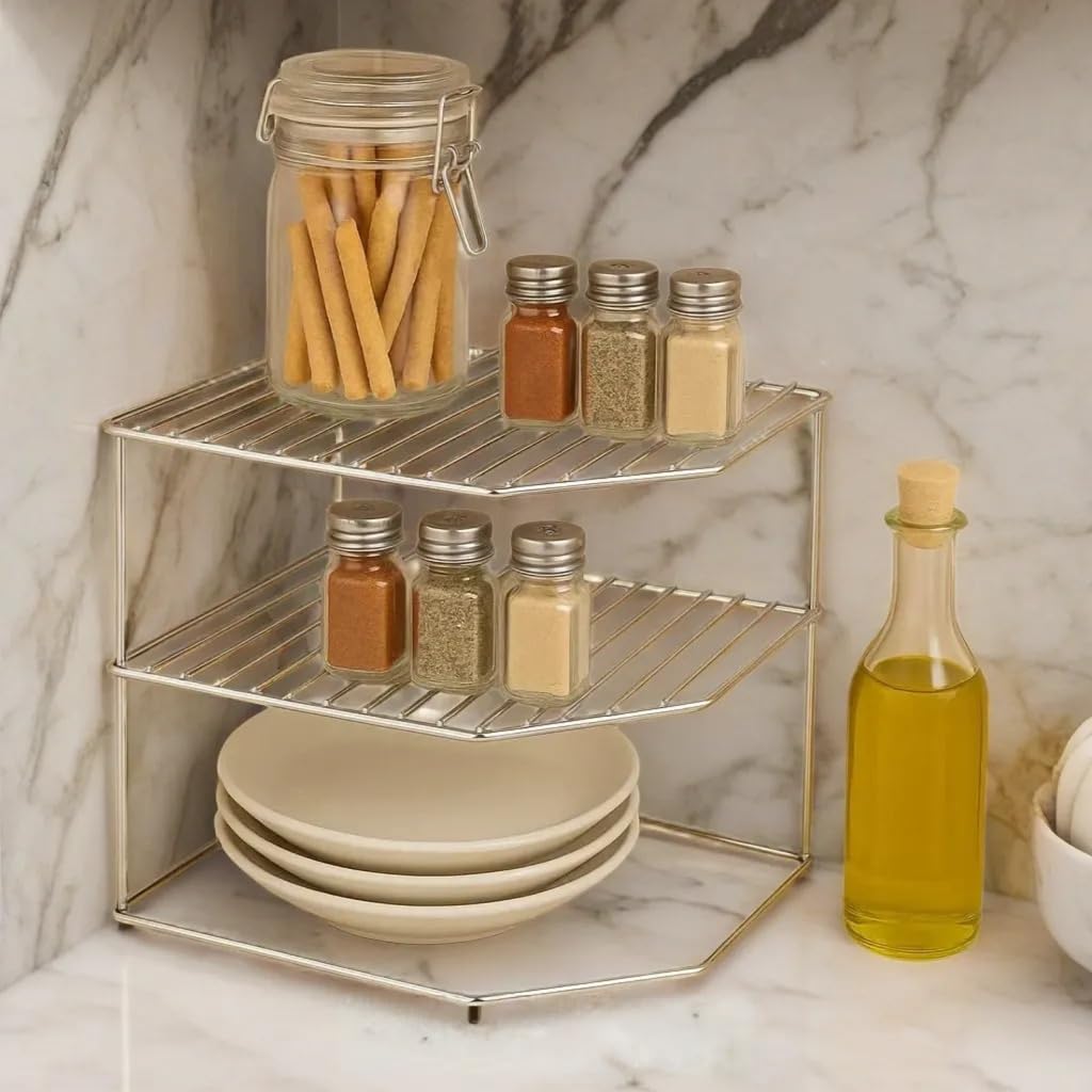 Corner spice rack with jars, bottles, and plates on a marble countertop