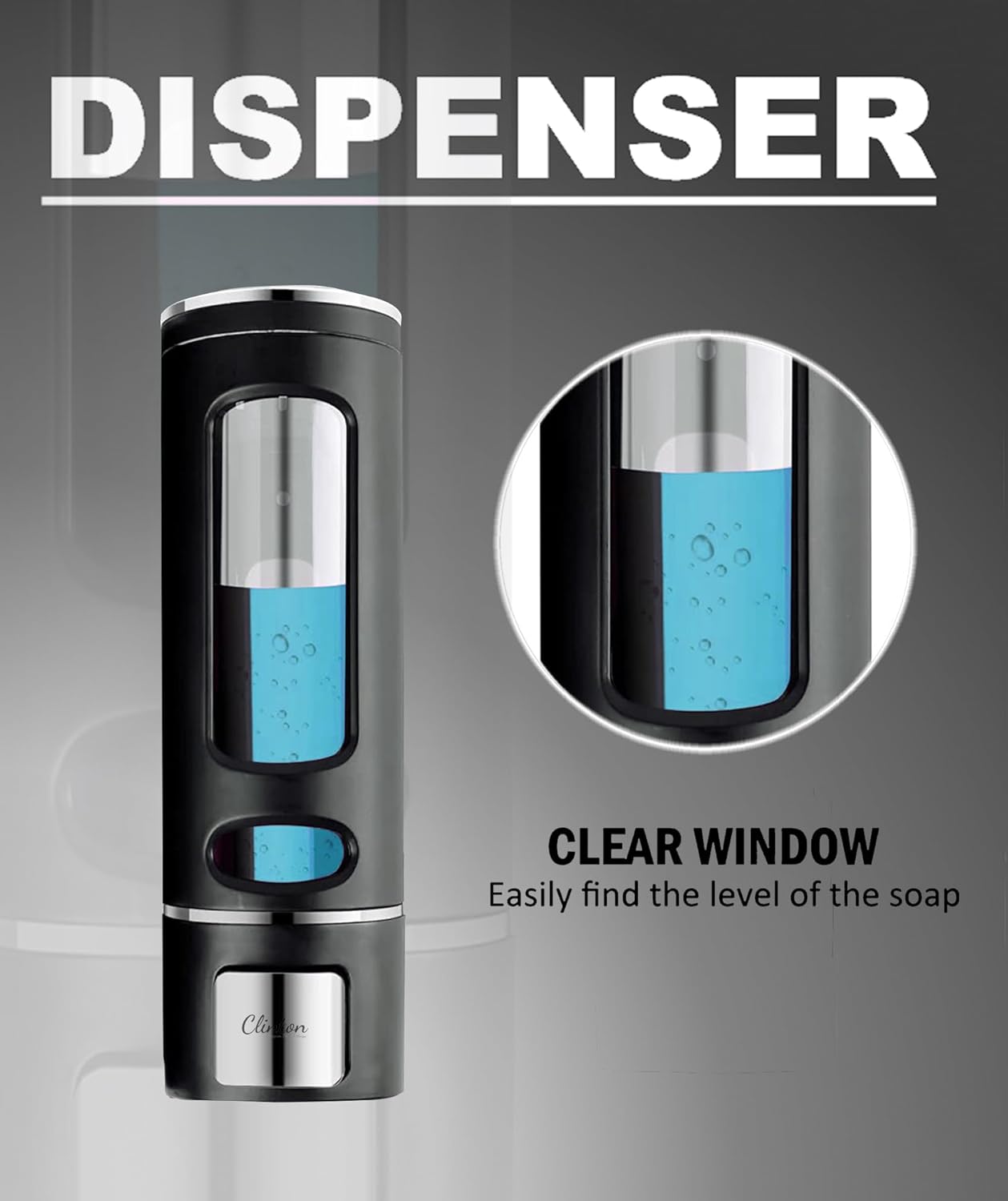 Foam soap dispenser with clear window showing blue soap level on a gray background