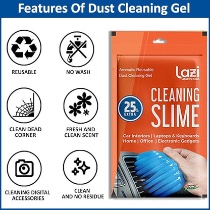 Lazi Cleaning Slime packaging with features listed on a blue background