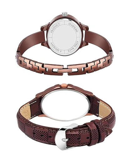Two brown wristwatches with different strap designs on a white background