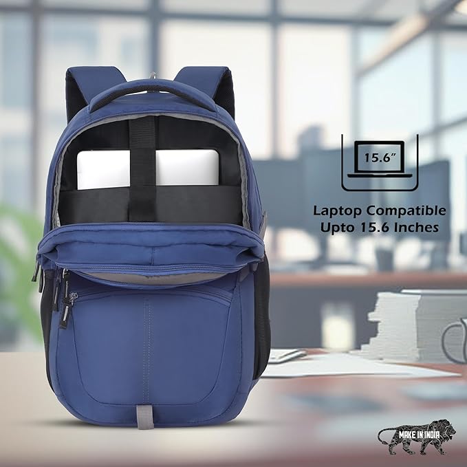 Blue backpack with laptop compartment on a blurred office background