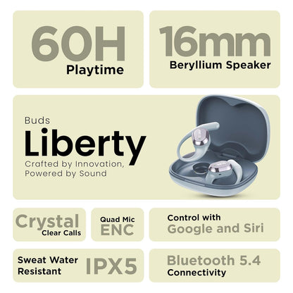 truke Buds Liberty Open-Ear Earbuds in Slate Blue feature 360Spatial™ Audio, 16mm beryllium speakers, 60H playtime, quad-mic clear calls, fast charging, and Bluetooth 5.4. - Itsmygadgets