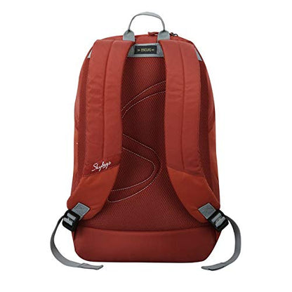 Red backpack with gray straps on a white background