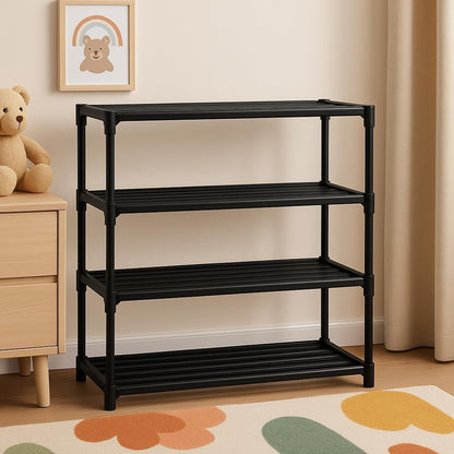 Black metal shelf with three shelves in a room setting.