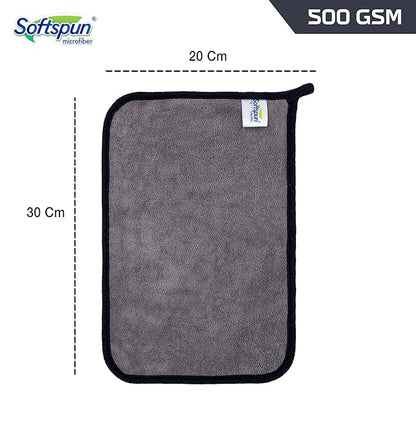 Gray microfiber cloth with dimensions and Softspun branding on a white background