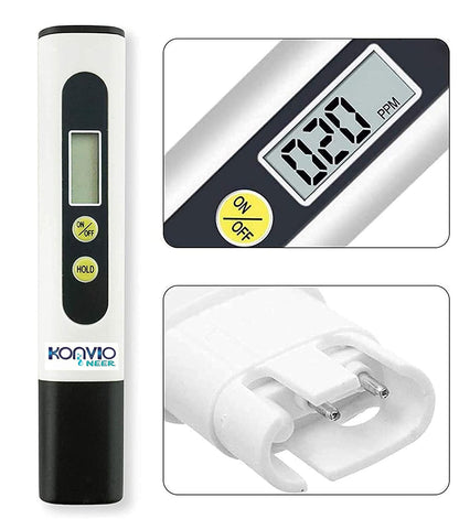 Digital water quality tester with display and branding on a white background