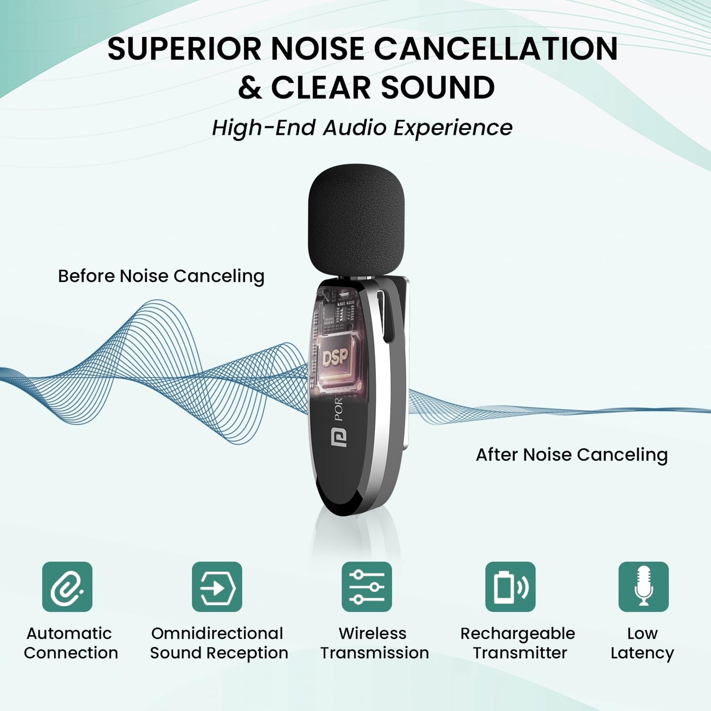 Noise cancellation device with sound wave graphics and feature icons on a light green background