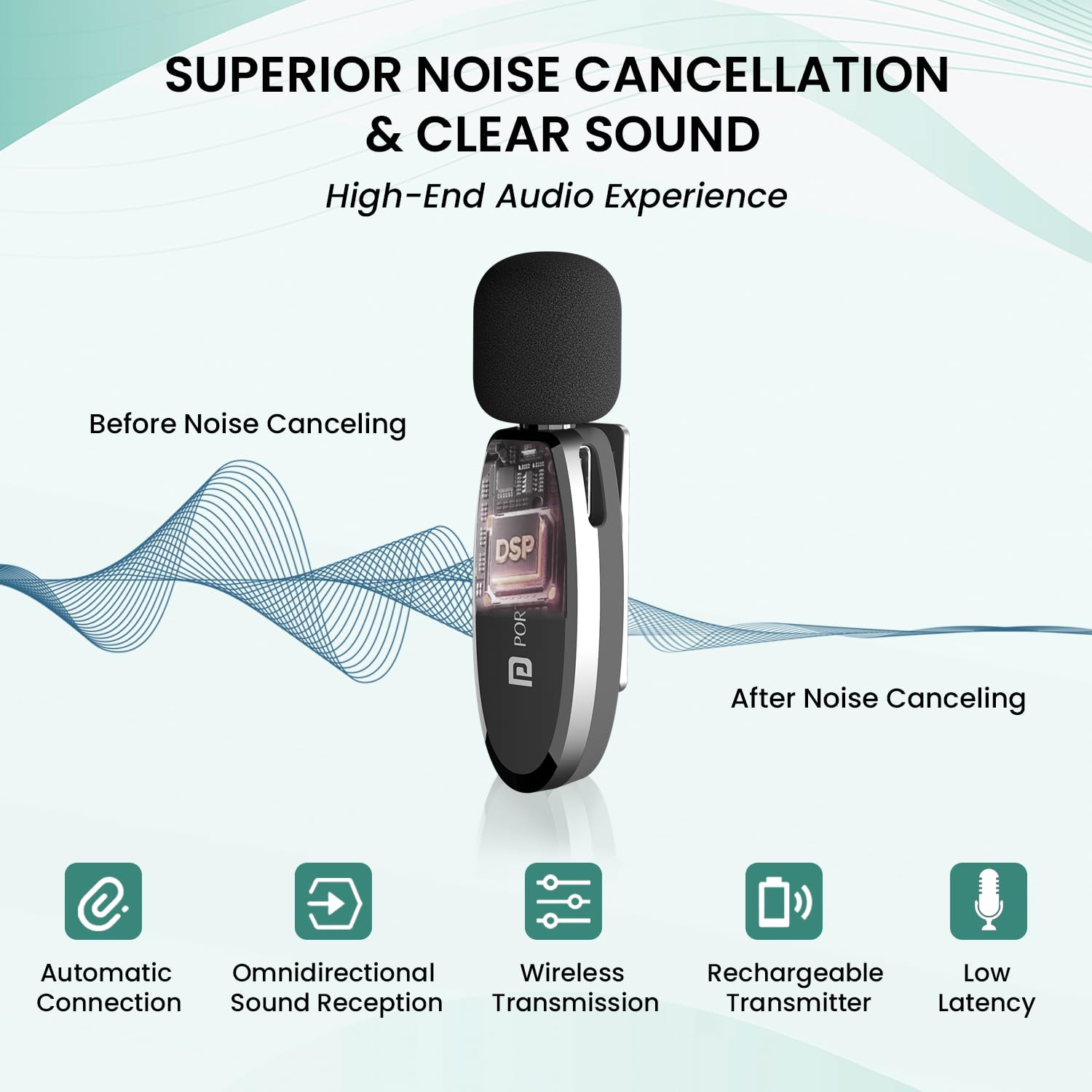 Noise cancellation device with sound wave graphics and feature icons on a light green background
