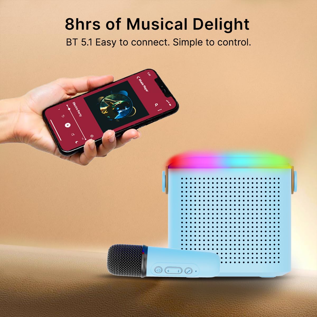 pTron Newly Launched Fusion Tunes 10W Mini Bluetooth Speaker with Wireless Karaoke Mic, 8Hrs Playtime, Vivid RGB Lights, Voice Effects, Multi-Play Modes BT5.1/TF Card & Type-C Charging Port (Blue) - Itsmygadgets