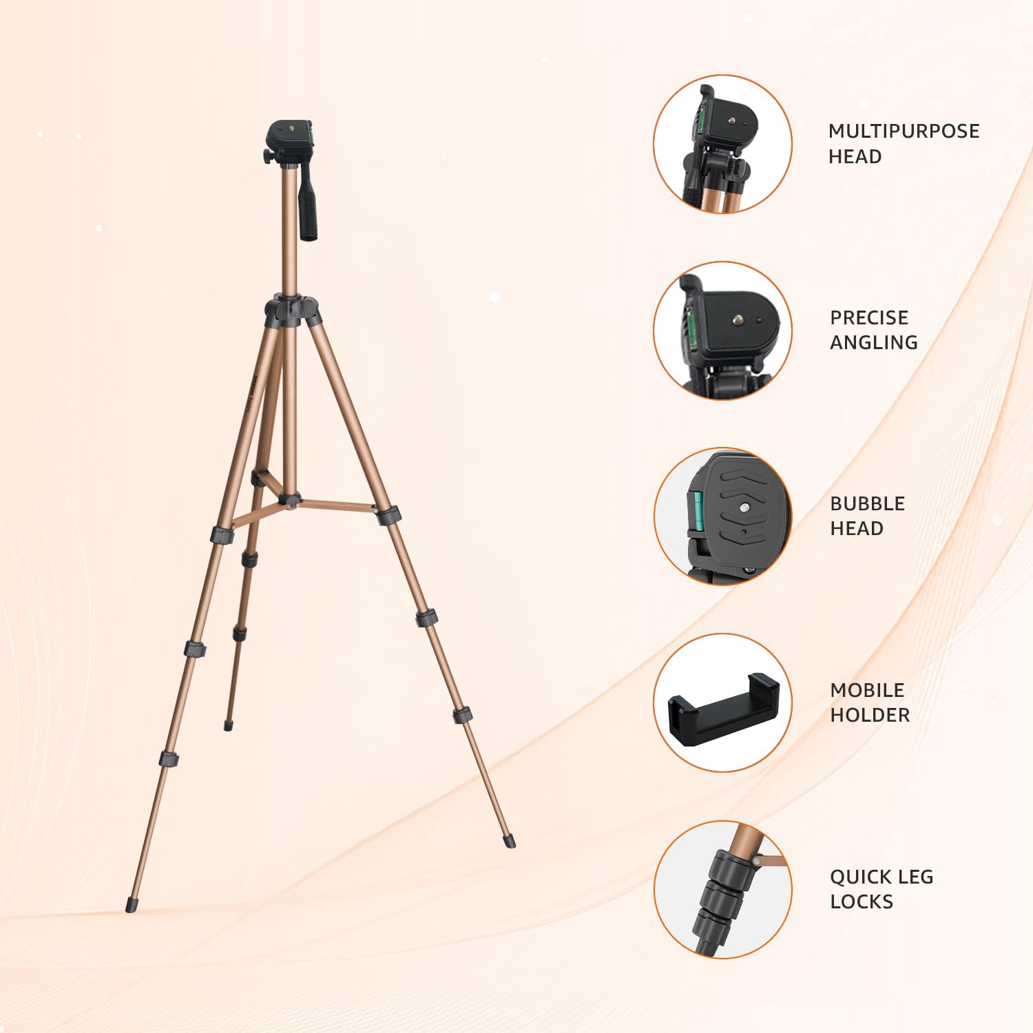 Camera tripod with features highlighted on a beige background