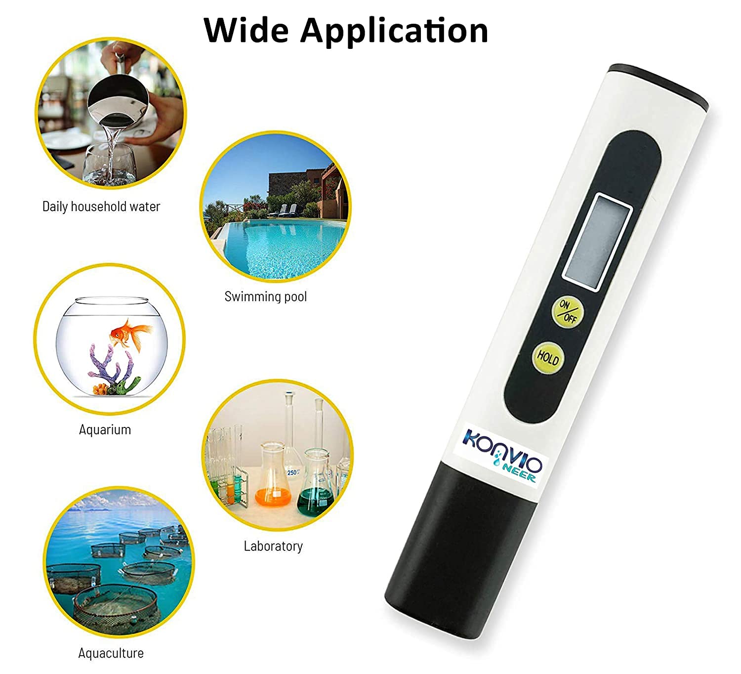 Digital water quality tester with application icons for household, pool, aquarium, and laboratory use.