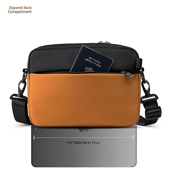 Brown and black shoulder bag with a zipped back compartment, containing a passport, on a white background.