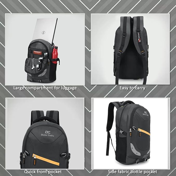Black backpack with various compartments and features on a gray background
