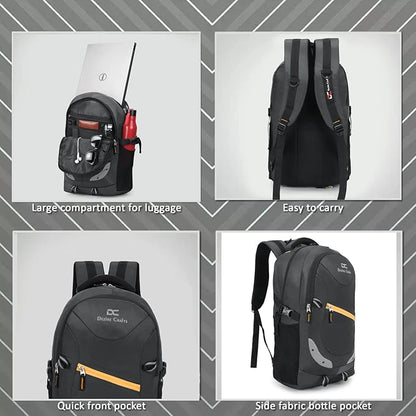 Black backpack with various compartments and features on a gray background