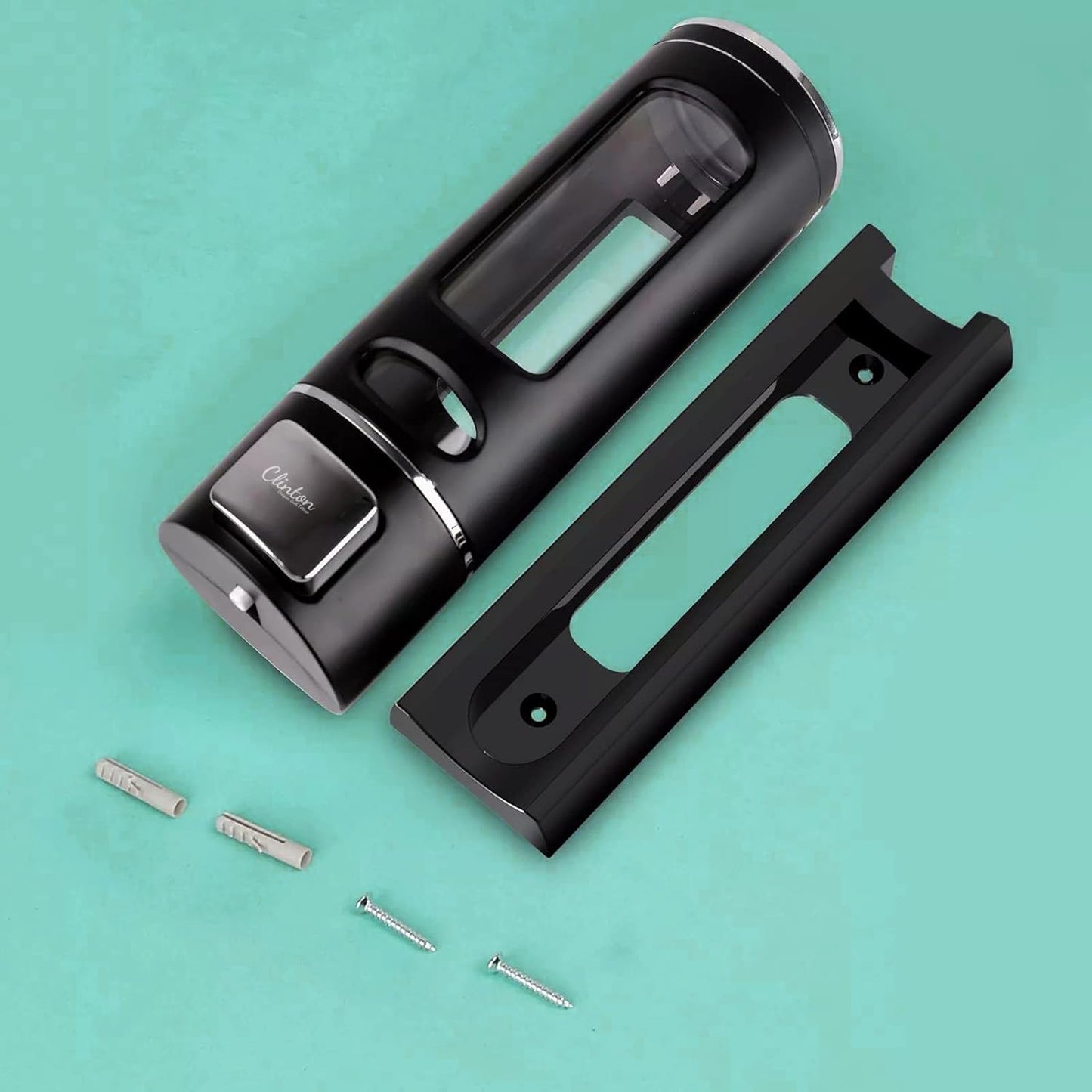 Black electronic device with components on a teal background