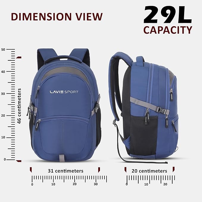Blue backpack with measurement scale and capacity details on a white background