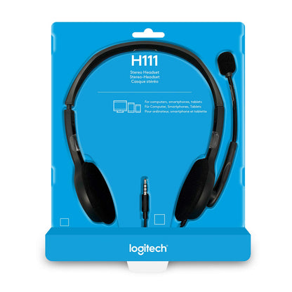 Logitech H111 stereo headset in blue packaging