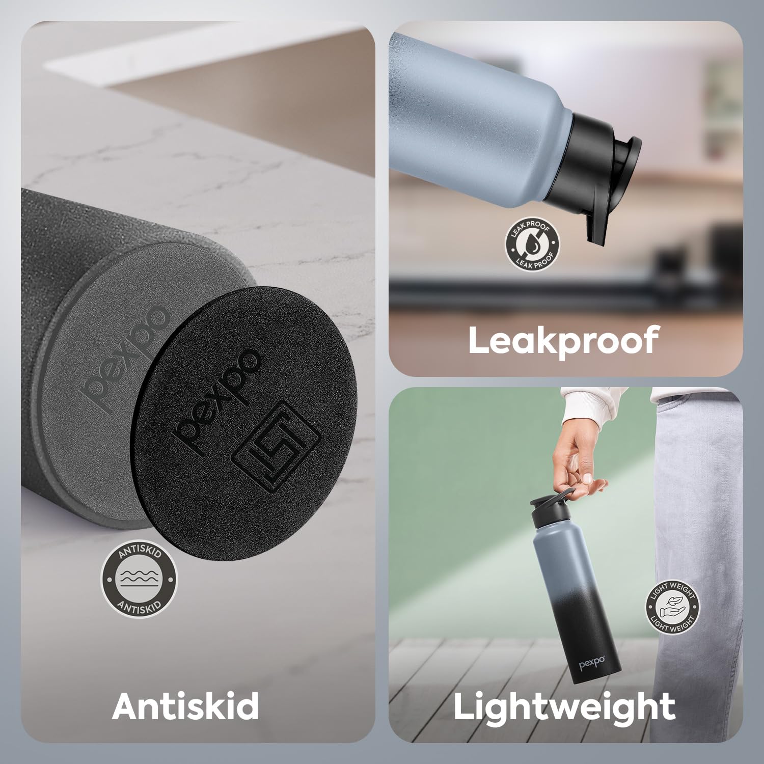 Pexico water bottle with antiskid, leakproof, and lightweight features.