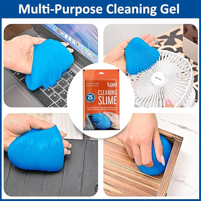 Collage of blue cleaning slime being used on a laptop, fan, and other surfaces with a box labeled 'Cleaning Slime' in the center.