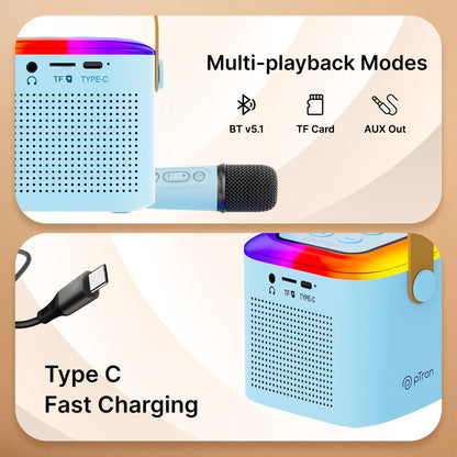 pTron Newly Launched Fusion Tunes 10W Mini Bluetooth Speaker with Wireless Karaoke Mic, 8Hrs Playtime, Vivid RGB Lights, Voice Effects, Multi-Play Modes BT5.1/TF Card & Type-C Charging Port (Blue) - Itsmygadgets