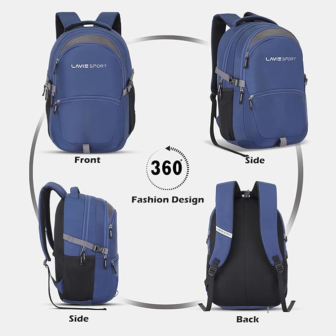 Blue backpack shown from multiple angles on a white background