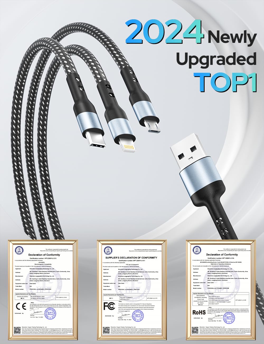 Multifunctional cable with certification labels on a gray background