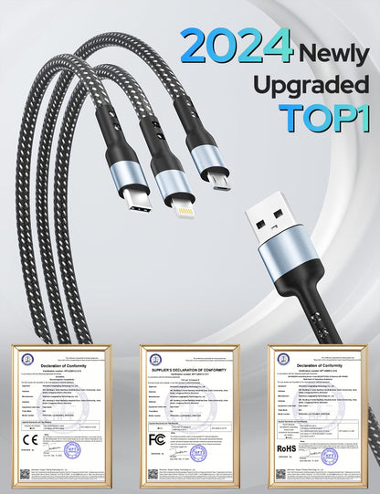 Multifunctional cable with certification labels on a gray background
