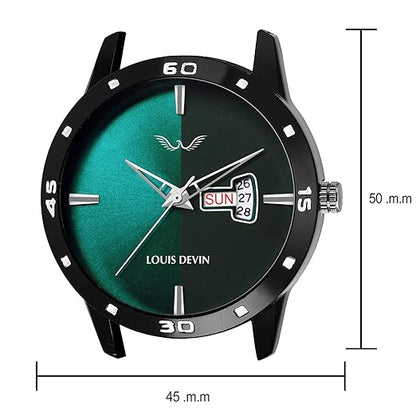 Louis Devin watch with green and black face, showing brand name and dimensions.
