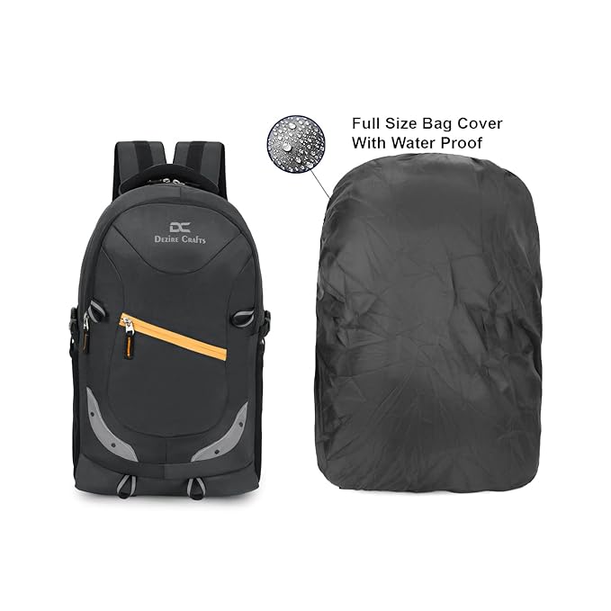 Black backpack with a waterproof cover on a white background