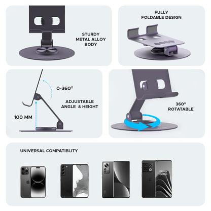 Amkette Ergo 360° Alloy Mobile Stand for Desk, Foldable Design with Stable Rotational Metallic Round Base - Itsmygadgets