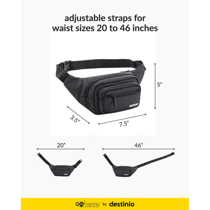 GoTrippin by Destinio Waist Bags for Men Women- Premium Stitching, Branded Zippers, Waterproof Pocket, RFID Safe- Large Fanny Pack for Hiking Travel, Money Belt (Polyester, Black) - Itsmygadgets