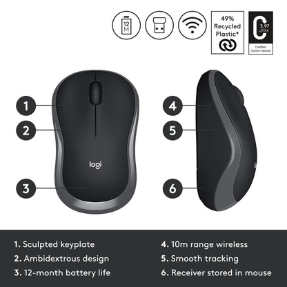 Logitech M186 Wireless Mouse, 2.4GHz with USB Mini Receiver, 12-Month Battery Life, 1000 DPI Optical Tracking, Ambidextrous, Compatible with PC, Mac, Laptop - Itsmygadgets