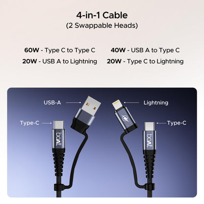 boAt FlexiCharge 400 Charging Cable w/ 4-in-1 Connectivity- USB-A, Type-C, & Lightning Ports - Itsmygadgets