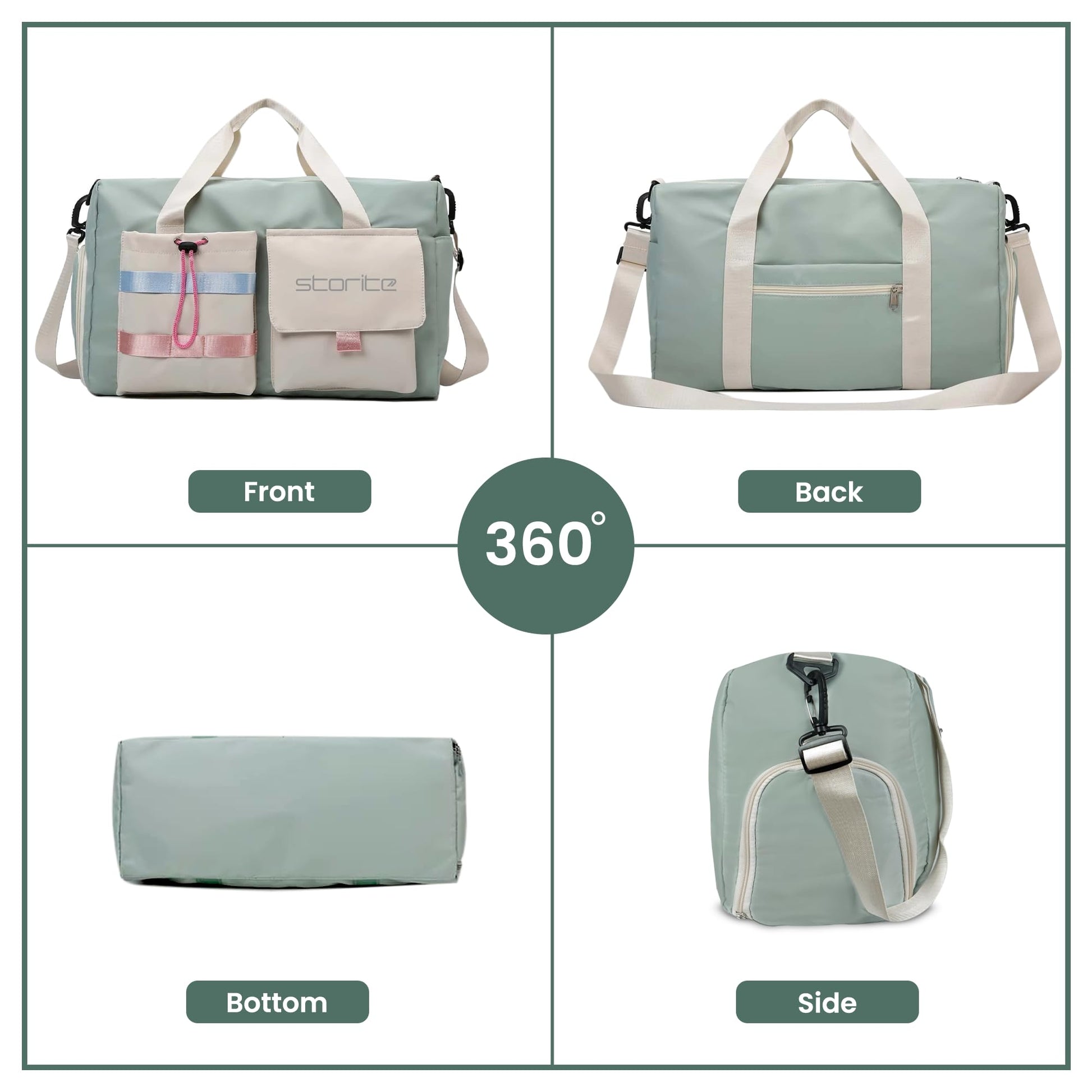 Storite Nylon 44 cms Imported Travel Duffle Bag Multi- Pocket Sports Shoulder Bag for Women with Wet Pocket & Shoe Compartment Weekender Overnight Travel Luggage Bag (Pista Green -44cmX31cmX17cm) - Itsmygadgets
