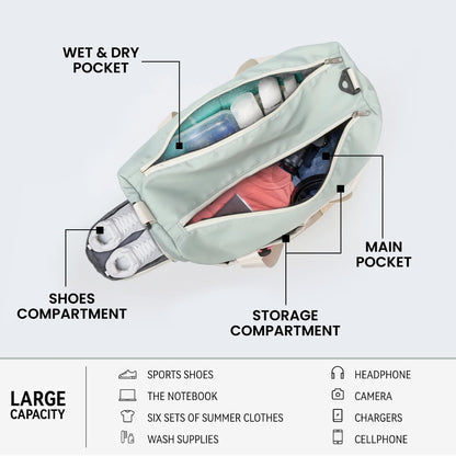 Storite Nylon 44 cms Imported Travel Duffle Bag Multi- Pocket Sports Shoulder Bag for Women with Wet Pocket & Shoe Compartment Weekender Overnight Travel Luggage Bag (Pista Green -44cmX31cmX17cm) - Itsmygadgets
