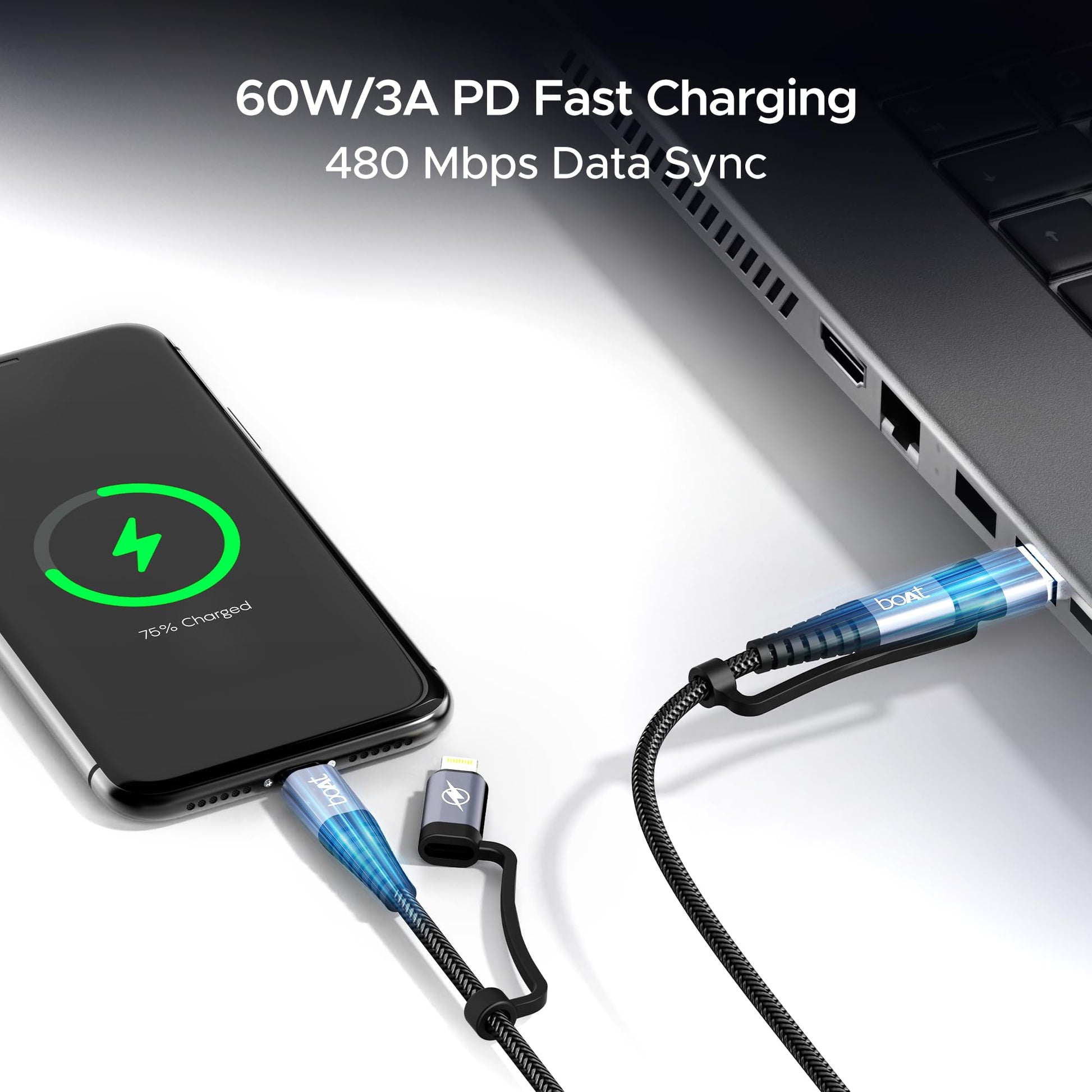 boAt FlexiCharge 400 Charging Cable w/ 4-in-1 Connectivity- USB-A, Type-C, & Lightning Ports - Itsmygadgets