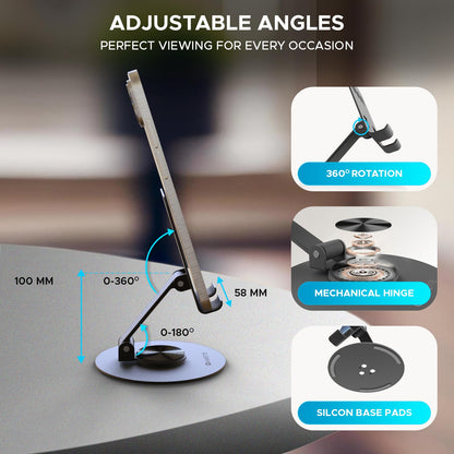Amkette Ergo 360° Alloy Mobile Stand for Desk, Foldable Design with Stable Rotational Metallic Round Base - Itsmygadgets