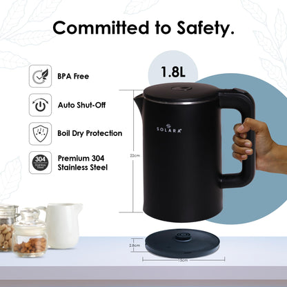 SOLARA Premium Electric Kettle Xtra Large, 1500 Watt, 1.8L Double Wall 100% Stainless Steel - Itsmygadgets