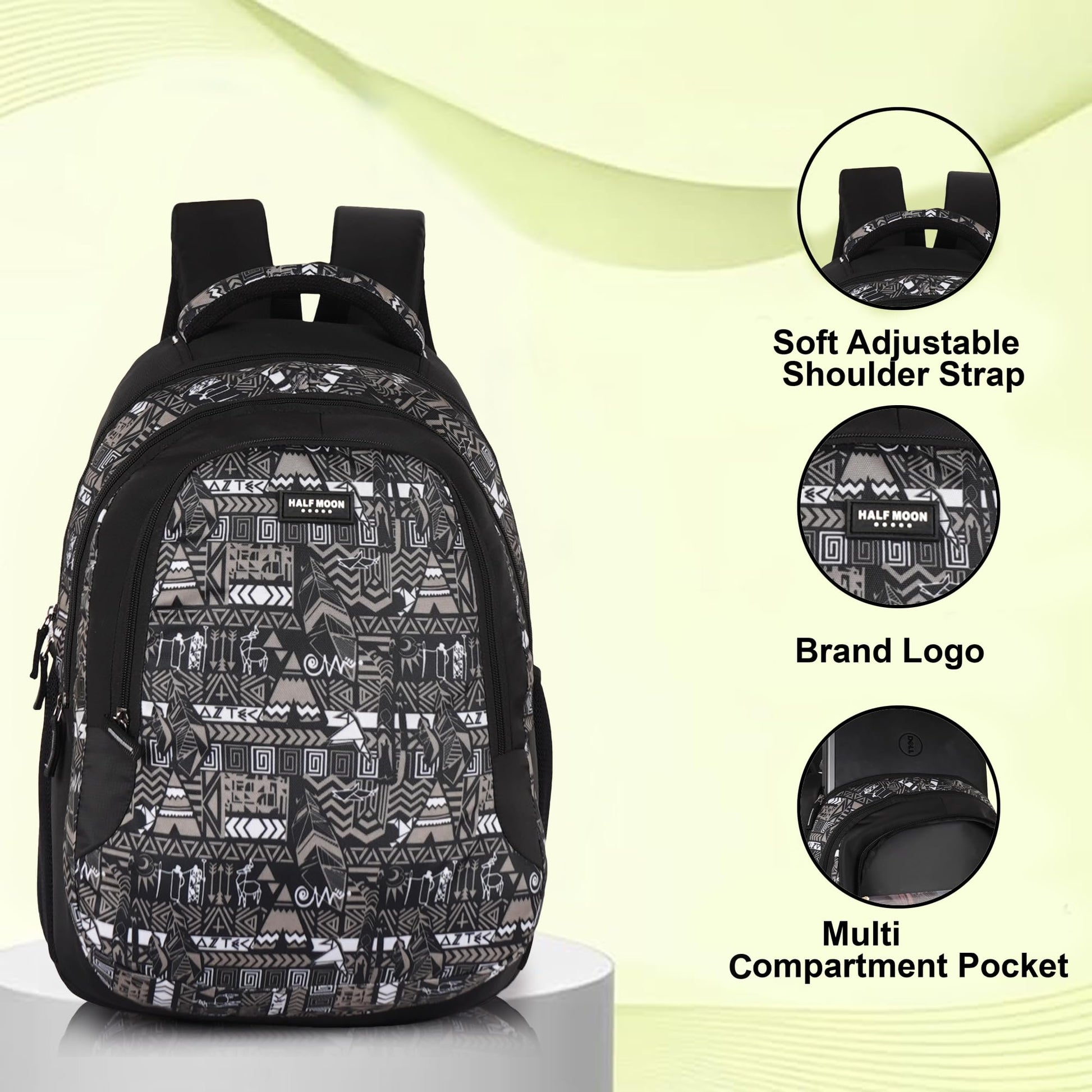 Half Moon Wild Class 5-12 School Bag for Boys Girls | Laptop Bagpack Backpack for Men Women | 3 Zips Stylish And Trendy College Bags for Students (Black and Grey) - Itsmygadgets