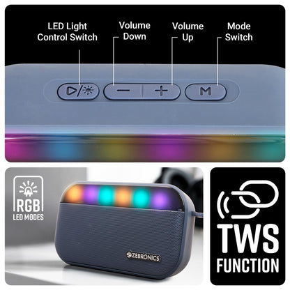 ZEBRONICS County 7 Portable Bluetooth Speaker, 8 Watts, Upto 8 Hours Playback, Passive Radiator, BTv5.3 | mSD | TWS | USB, RGB LED, Call Function, Carry Loop (Blue) - Itsmygadgets
