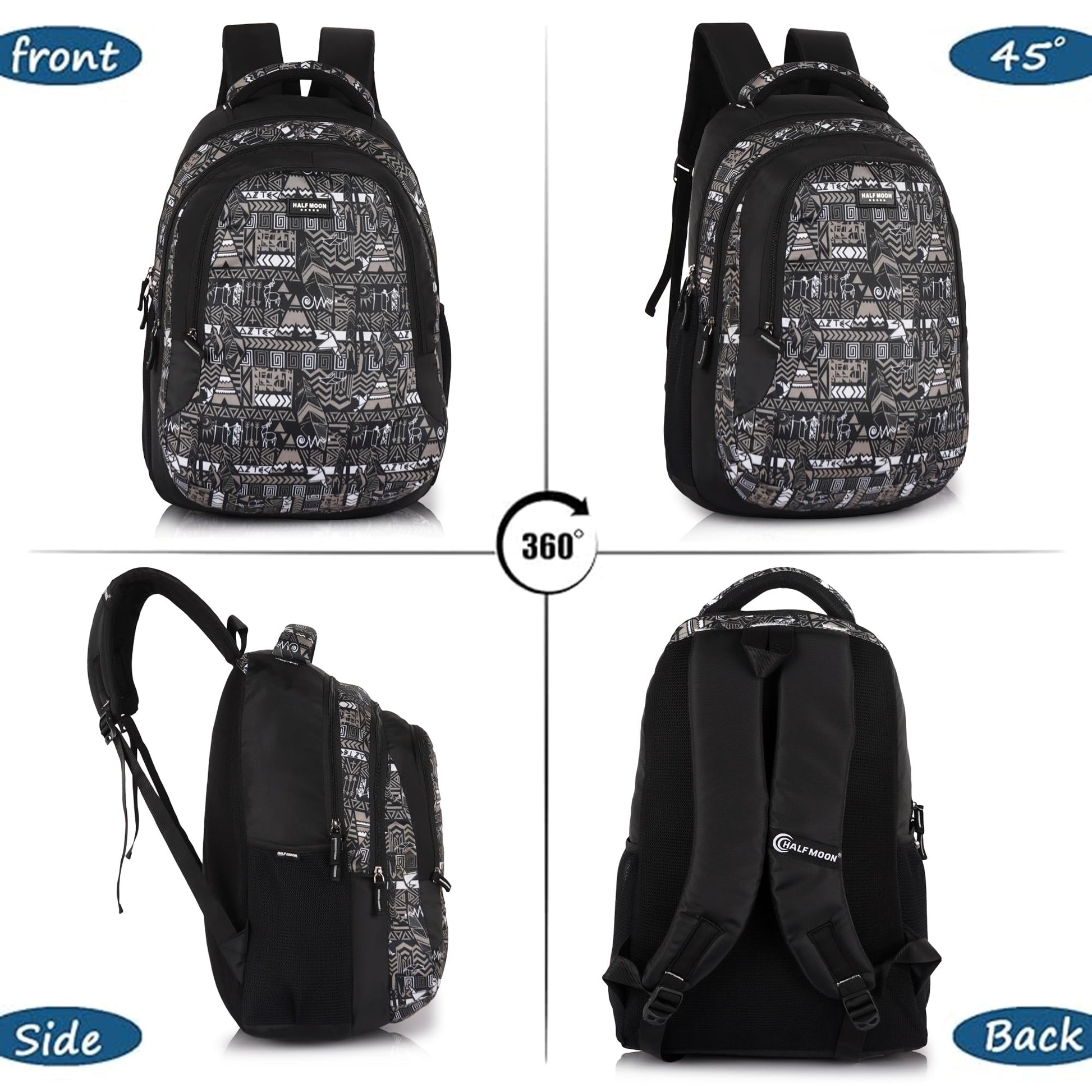 Half Moon Wild Class 5-12 School Bag for Boys Girls | Laptop Bagpack Backpack for Men Women | 3 Zips Stylish And Trendy College Bags for Students (Black and Grey) - Itsmygadgets